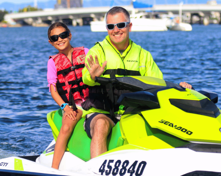Dad and daughter enjoying jet skiing on the Gold Coast