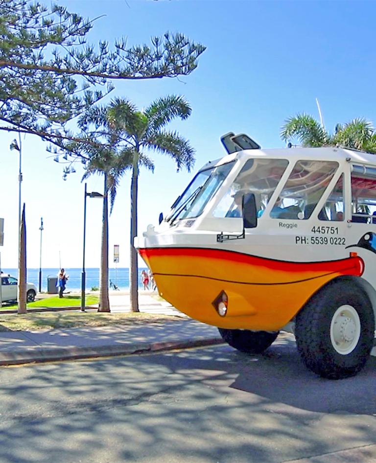 Cruising Mooloolaba Esplanade by Aquaduck, great fun for the whole family.