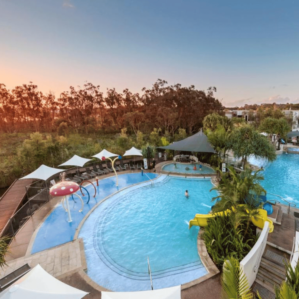 View over the pool and splash play area.