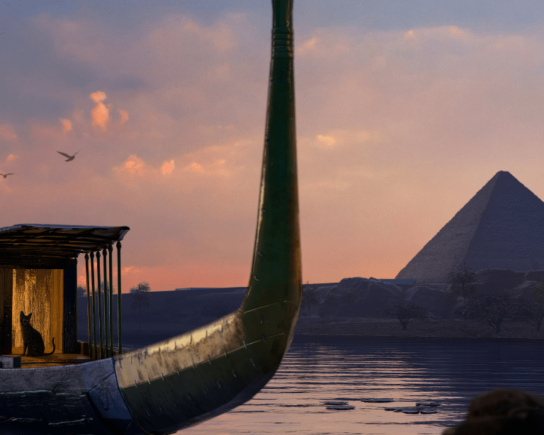 Boat on the river with pyramid in the background