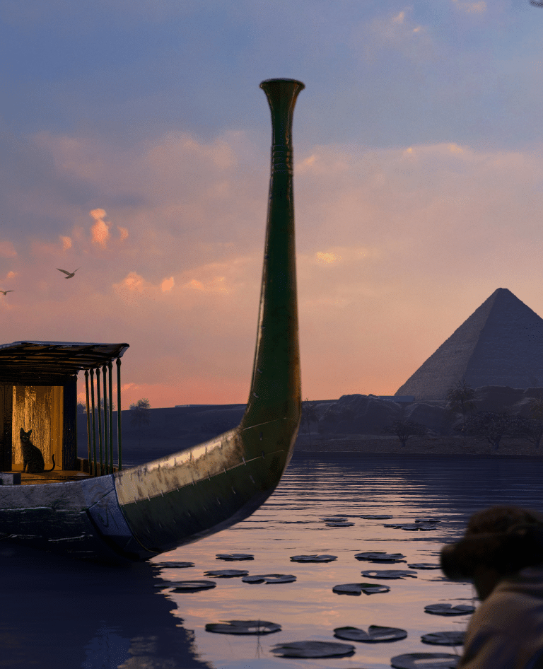 Boat on the river with pyramid in the background