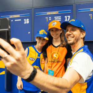 Family in the dressing sheds at Optus Stadium