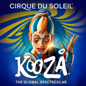 Cirque du Soleil KOOZA key art poster featuring a hand-painted clown performer against a blue and yellow swirl backdrop
