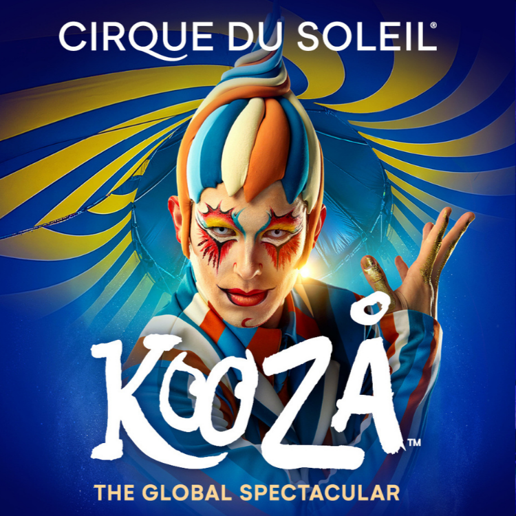 Cirque du Soleil KOOZA key art poster featuring a hand-painted clown performer against a blue and yellow swirl backdrop